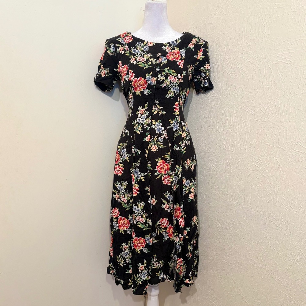 Alix Taylor Vintage‎ 90s Floral Midi Dress Black Cottagecore Button Size 8